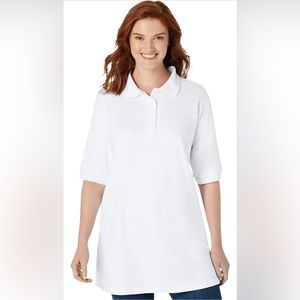 Woman Within Women's Plus Size Elbow-Sleeve Polo Shirt-White